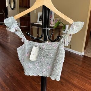 Lily Rose Light Green Smocked Crop Top with Pink Floral